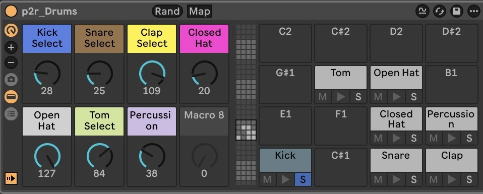 Six clicks on the rack’s Rand button change the drum sample selectors to new combinations.