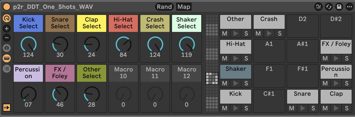 An Ableton Drum Rack made from a sample pack, with separate sample selectors for kicks, snares, claps, hi-hats, crashes, shakers, percussion, and effects, plus a Rand button.